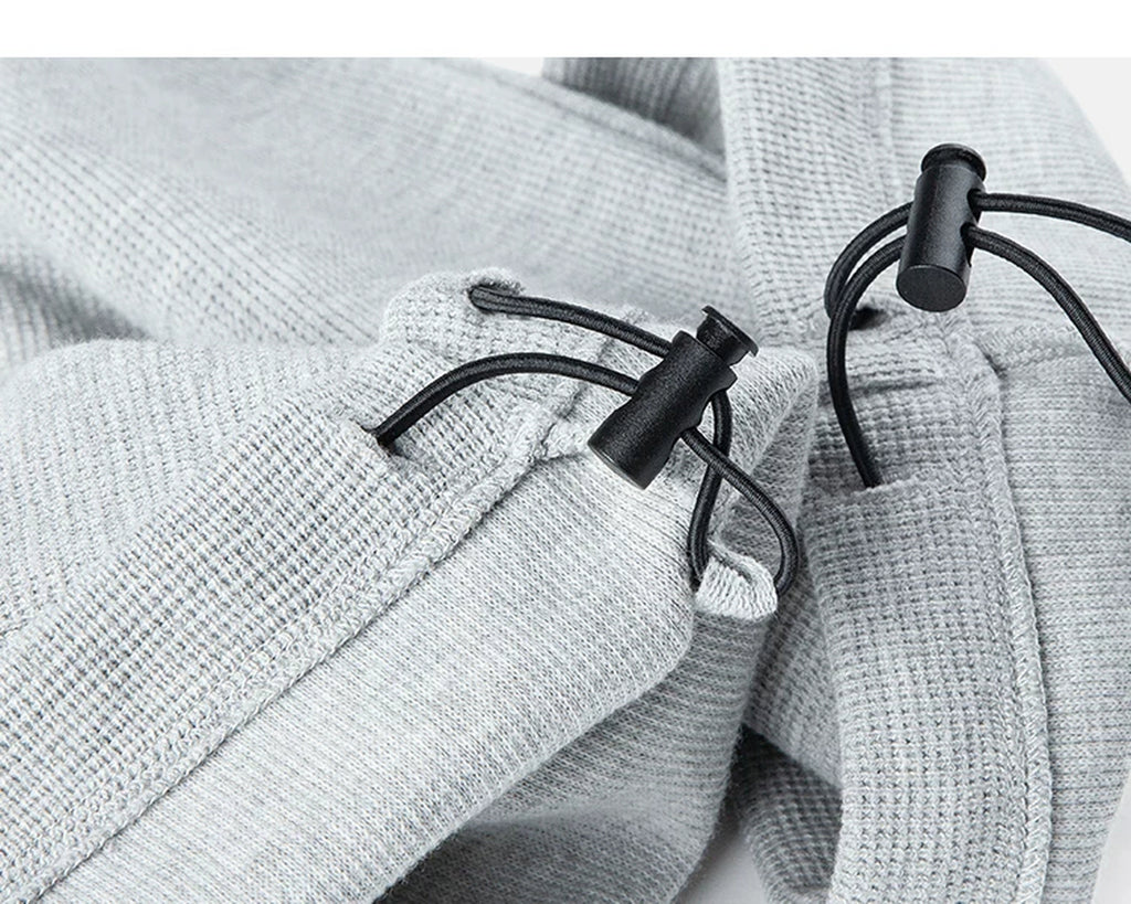 IDLT waffle sweatpants, heather gray ankle drawcords.