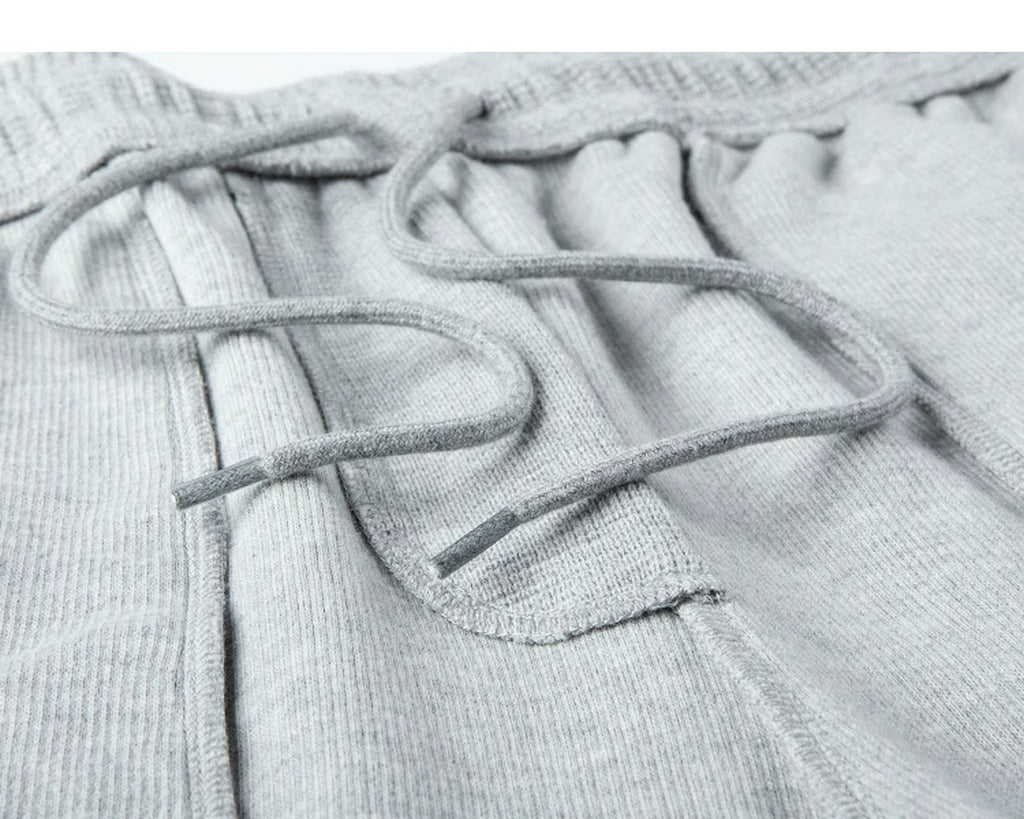 IDLT waffle sweatpants, heather gray inner drawstring.