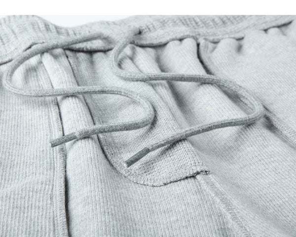 IDLT waffle sweatpants, heather gray inner drawstring.