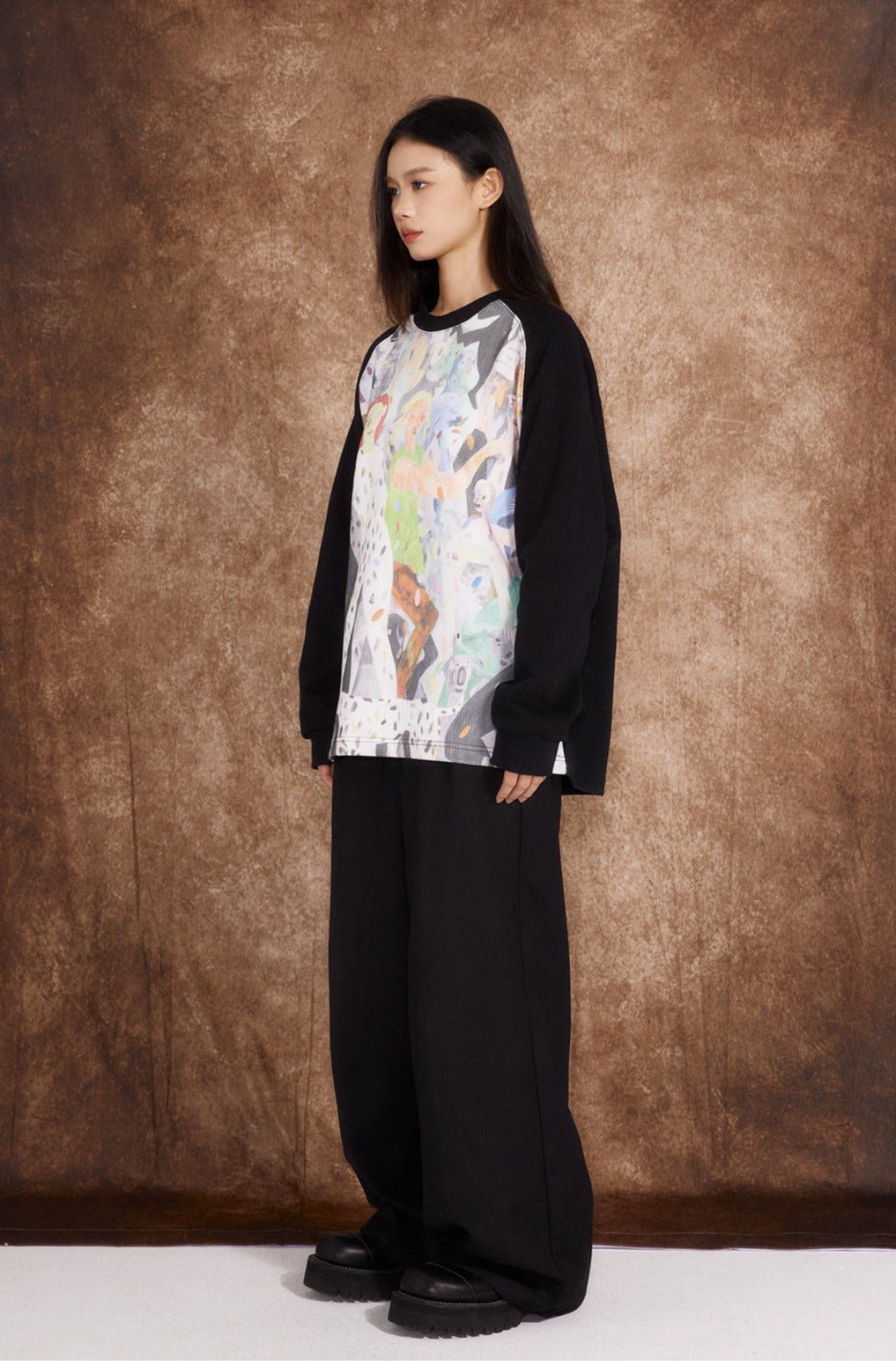 Waffle Checkered Full - Print Oil Painting Sweatshirt - COPPING THREADS - ARTMONSTER