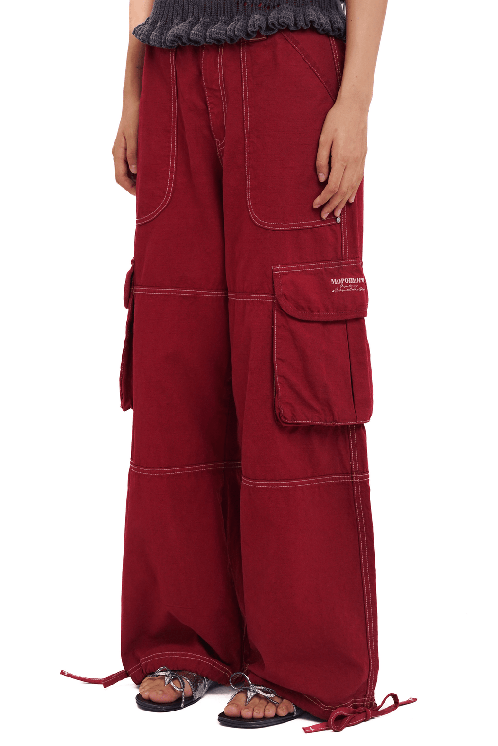 Washed Contrast Stitching Wide - Leg Cargo Pants - COPPING THREADS - MOROMORO
