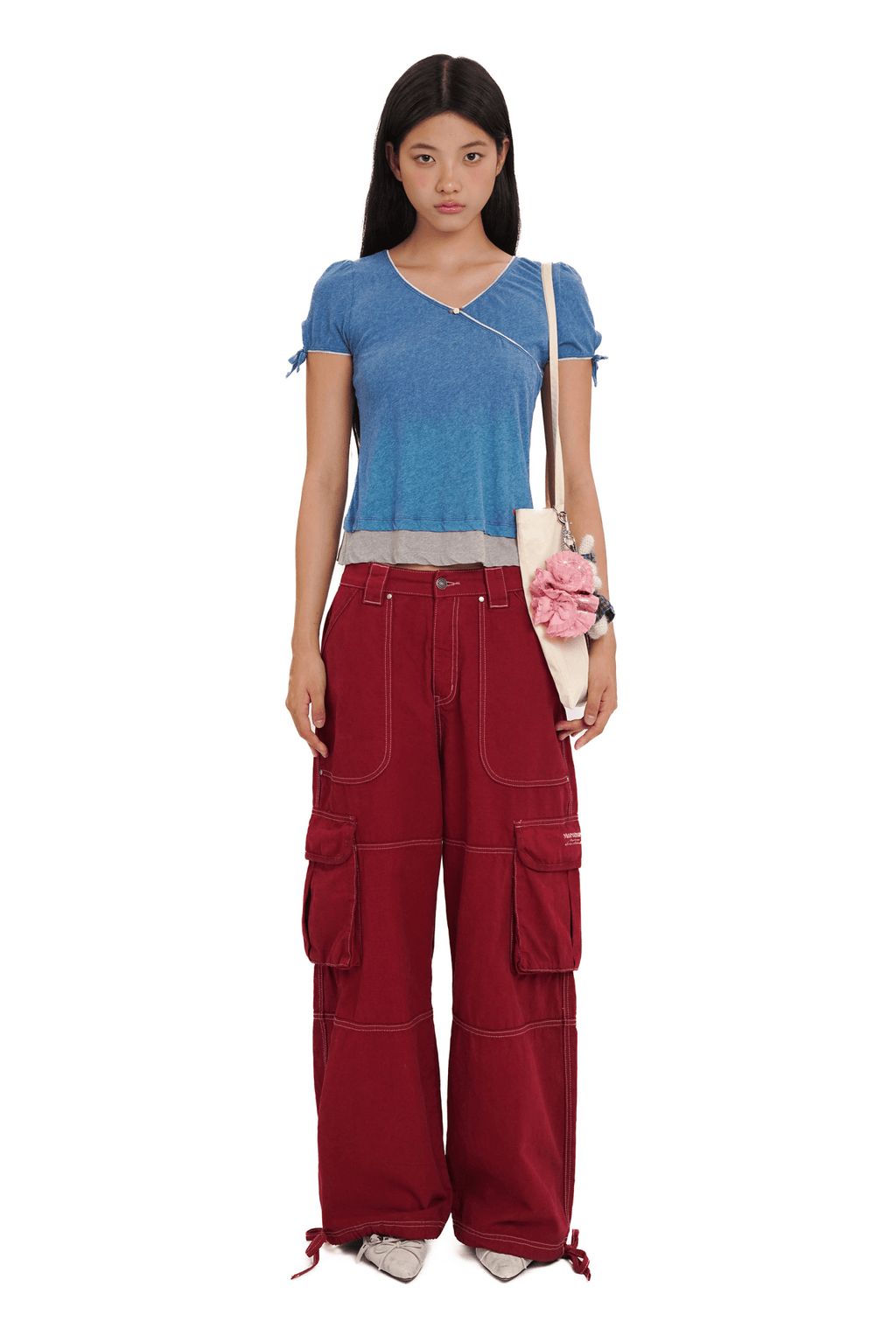 Washed Contrast Stitching Wide - Leg Cargo Pants - COPPING THREADS - MOROMORO