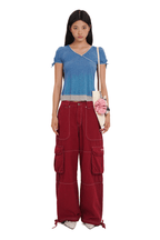 Washed Contrast Stitching Wide - Leg Cargo Pants - COPPING THREADS - MOROMORO