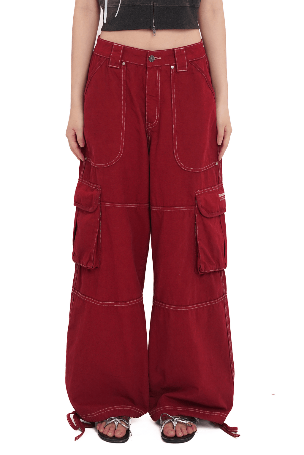 Washed Contrast Stitching Wide - Leg Cargo Pants - COPPING THREADS - MOROMORO