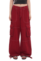 Washed Contrast Stitching Wide - Leg Cargo Pants - COPPING THREADS - MOROMORO