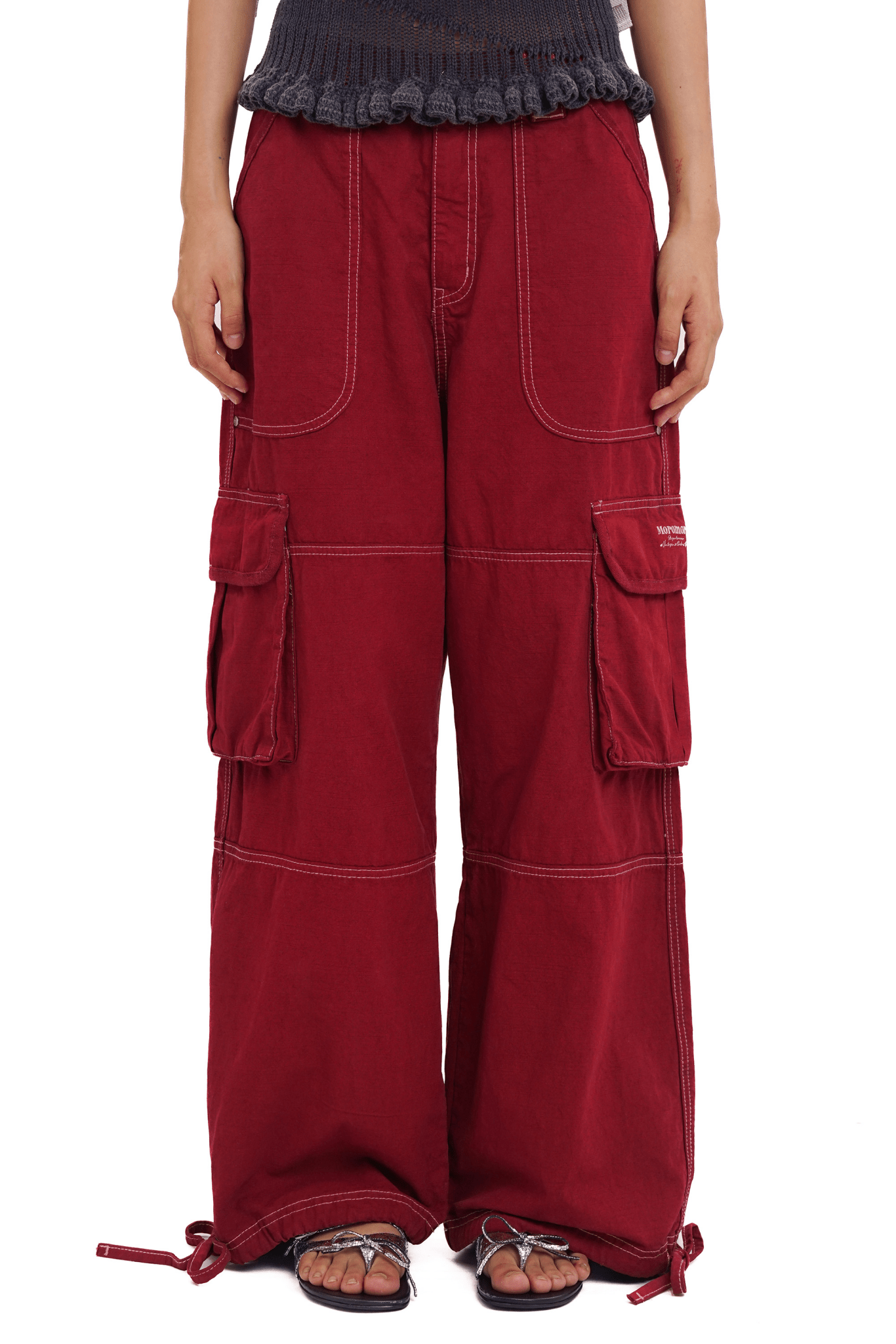 Washed Contrast Stitching Wide - Leg Cargo Pants - COPPING THREADS - MOROMORO