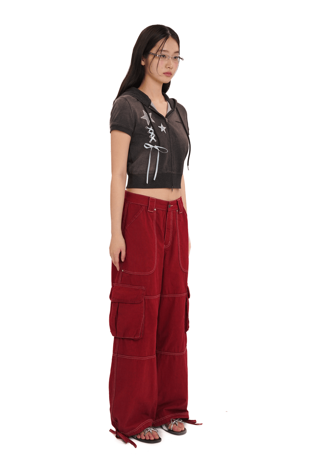 Washed Contrast Stitching Wide - Leg Cargo Pants - COPPING THREADS - MOROMORO