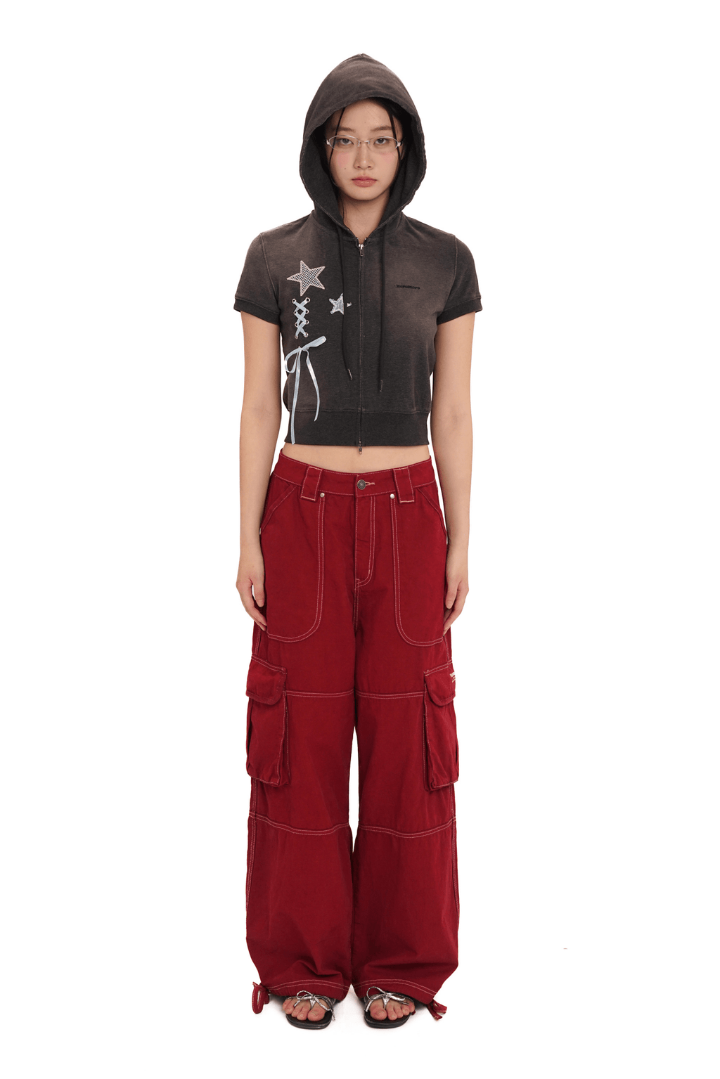 Washed Contrast Stitching Wide - Leg Cargo Pants - COPPING THREADS - MOROMORO