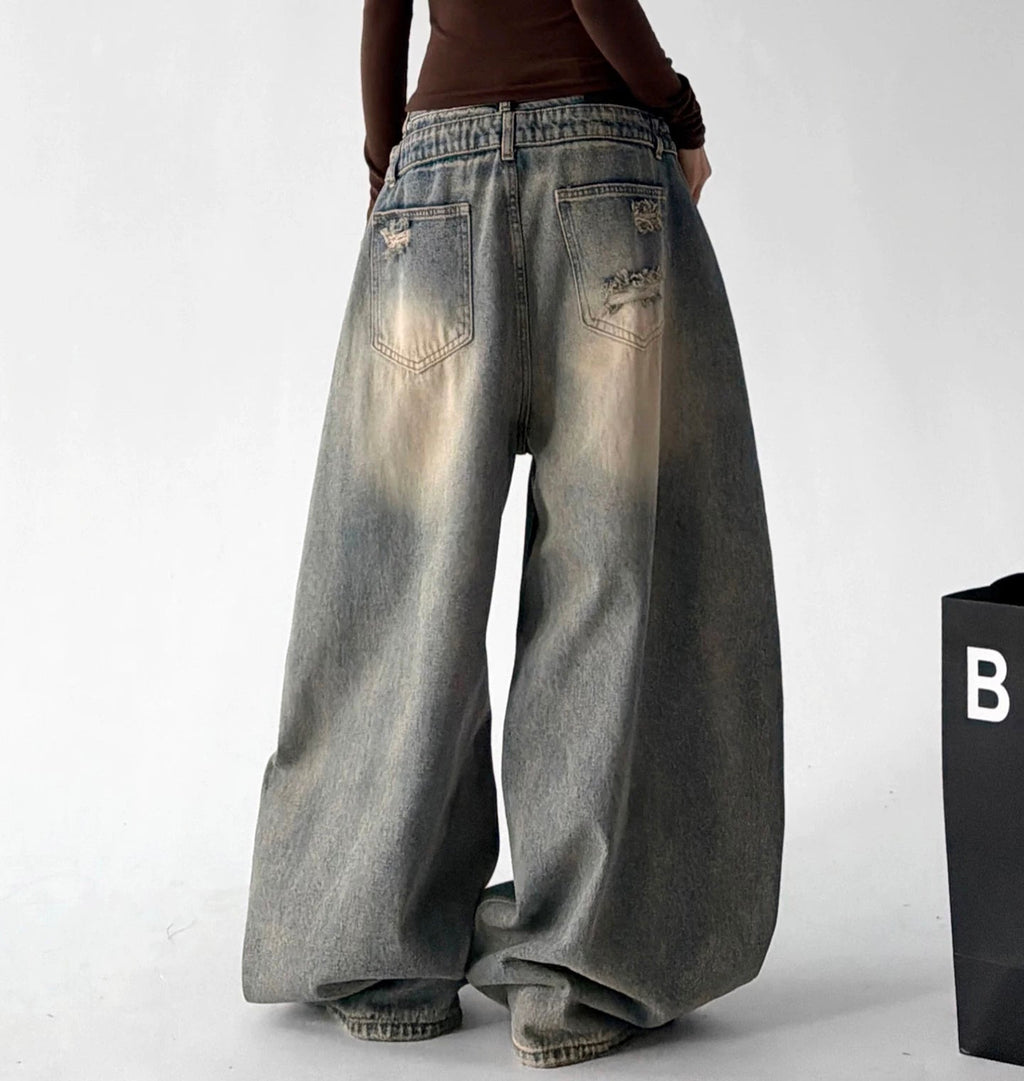 Washed Curved-Leg Wide-Leg Jeans - COPPING THREADS - CT ORIGINALS