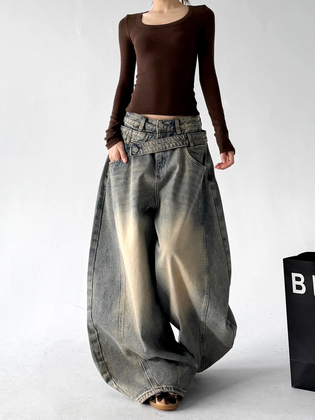 Washed Curved-Leg Wide-Leg Jeans - COPPING THREADS - CT ORIGINALS