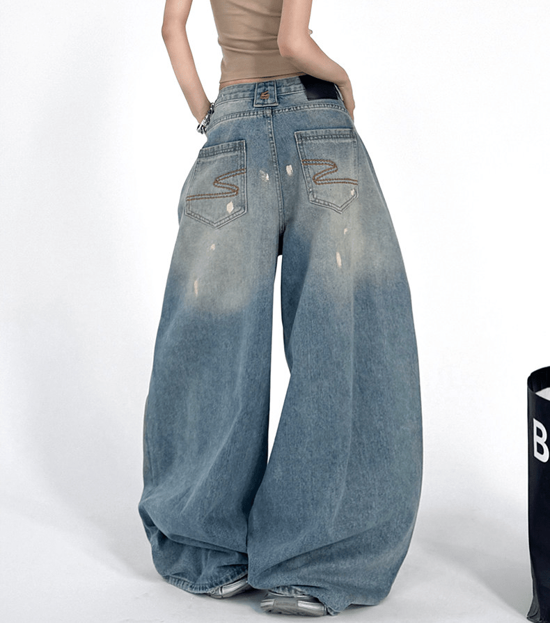 Washed Distressed Wide - Leg Drag Jeans - COPPING THREADS - CT Select