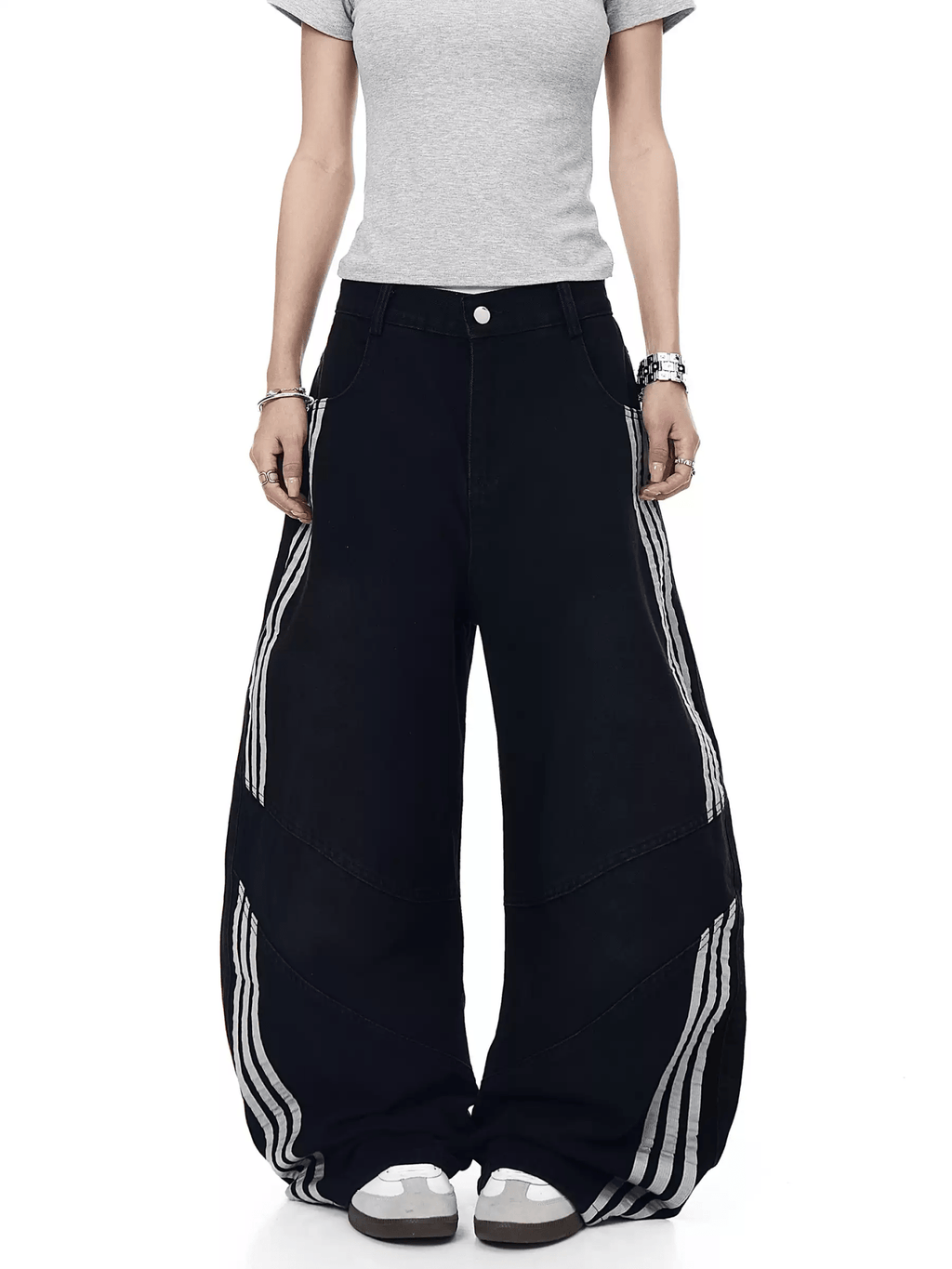 Washed Triple‑Stripe Deconstructed Wide‑Leg Jeans - COPPING THREADS - CT Select