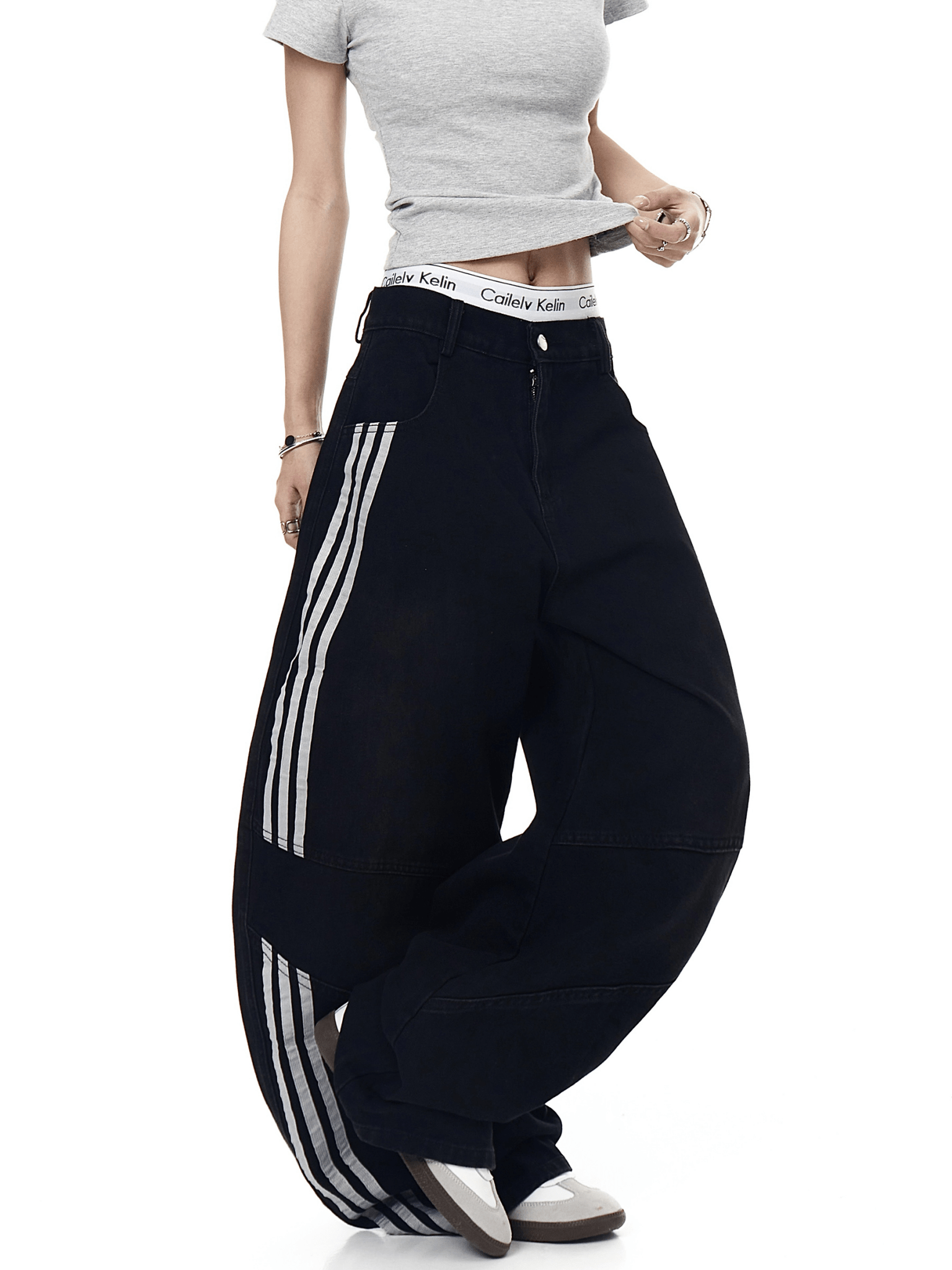 Washed Triple‑Stripe Deconstructed Wide‑Leg Jeans - COPPING THREADS - CT Select