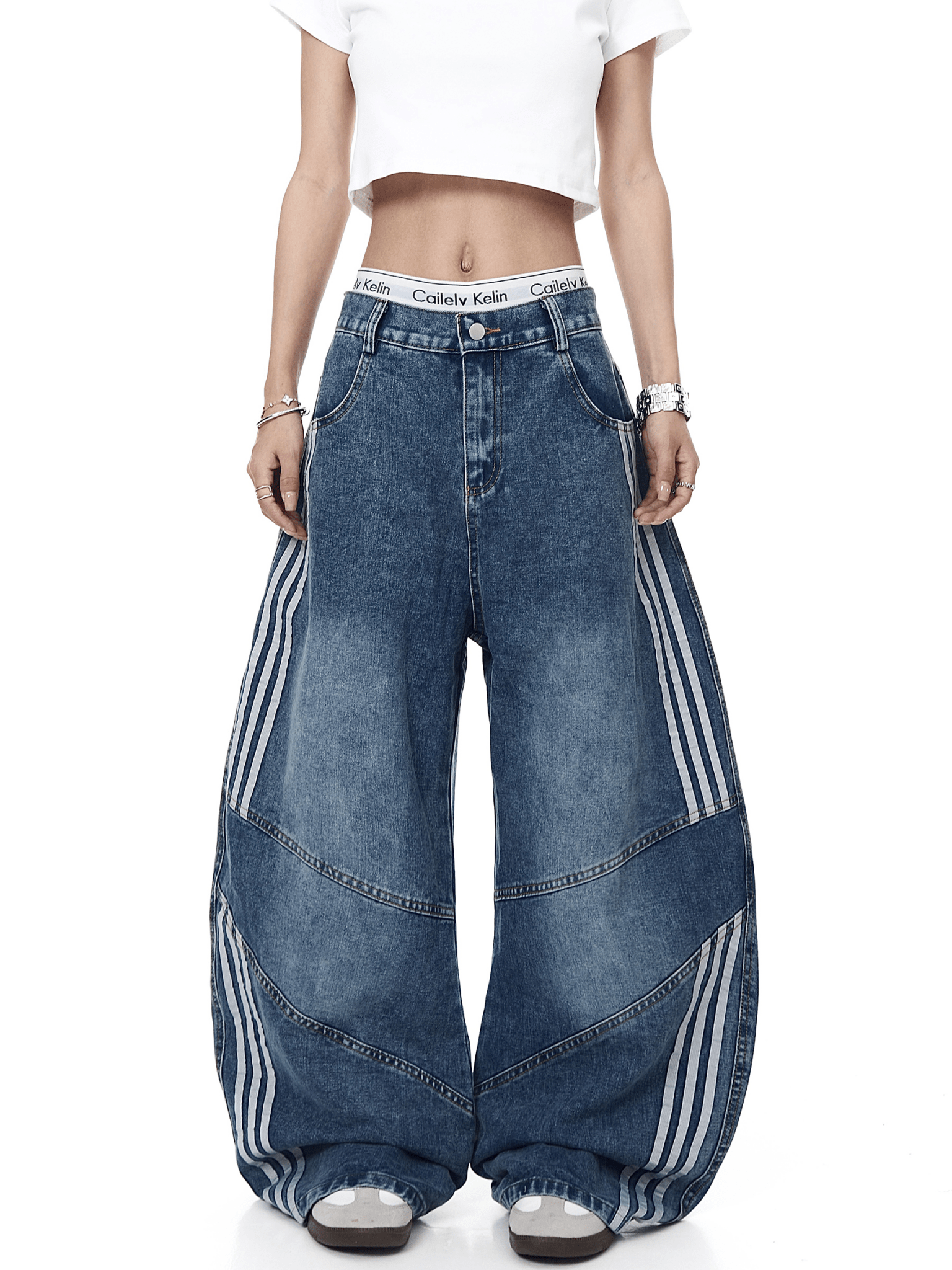 Washed Triple‑Stripe Deconstructed Wide‑Leg Jeans - COPPING THREADS - CT Select