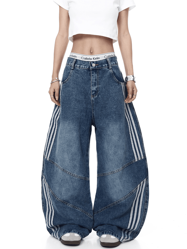 Washed Triple‑Stripe Deconstructed Wide‑Leg Jeans - COPPING THREADS - CT Select