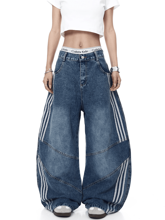 Washed Triple‑Stripe Deconstructed Wide‑Leg Jeans - COPPING THREADS - CT Select Hover Image