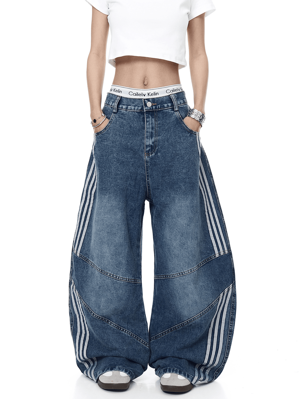 Washed Triple‑Stripe Deconstructed Wide‑Leg Jeans - COPPING THREADS - CT Select