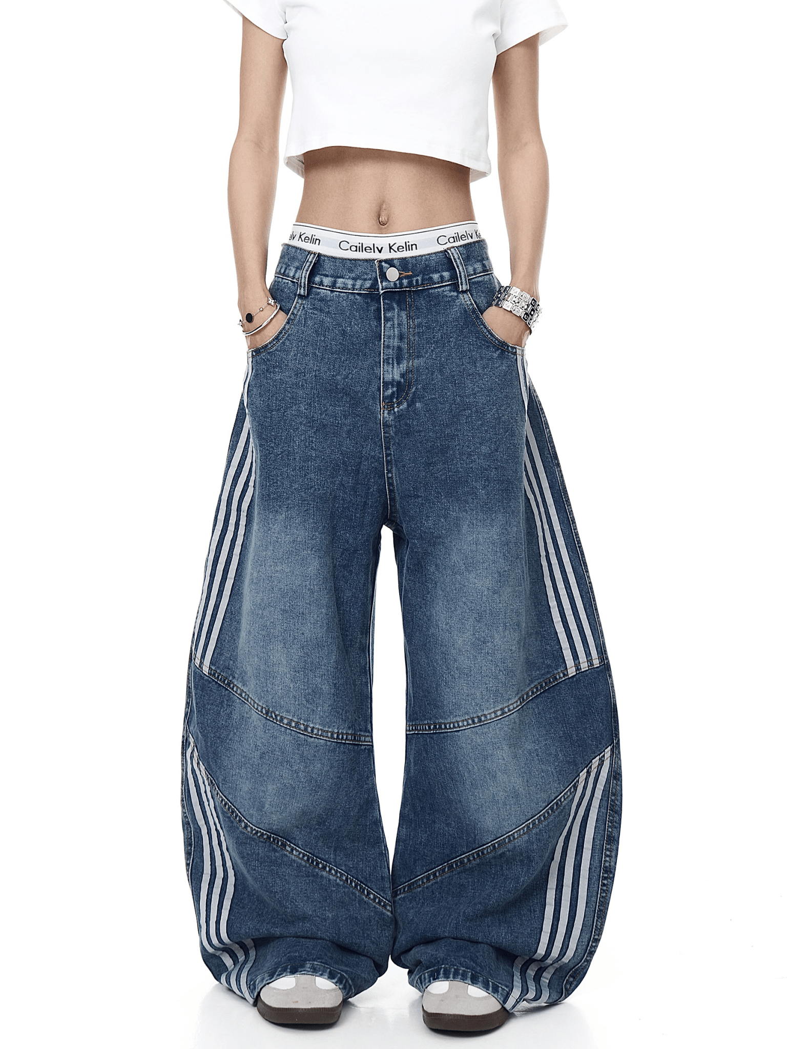 Washed Triple‑Stripe Deconstructed Wide‑Leg Jeans - COPPING THREADS - CT Select