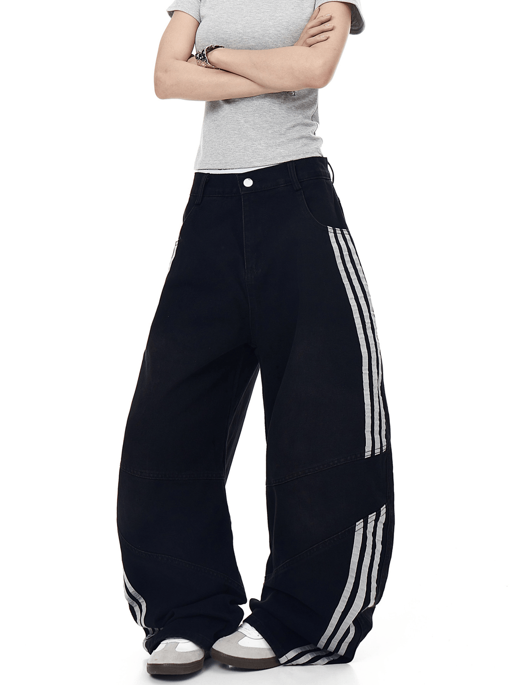 Washed Triple‑Stripe Deconstructed Wide‑Leg Jeans - COPPING THREADS - CT Select