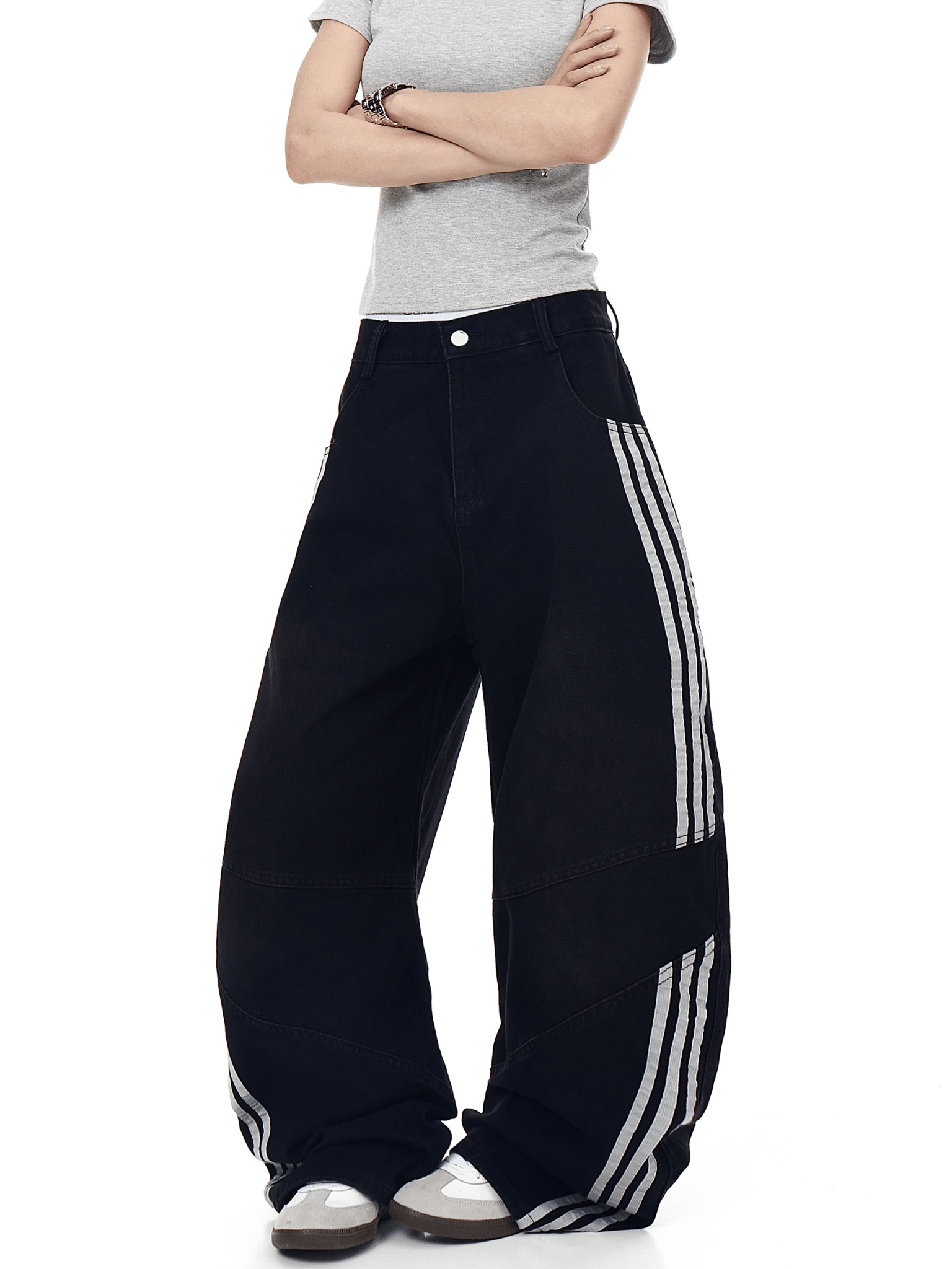 Washed Triple‑Stripe Deconstructed Wide‑Leg Jeans - COPPING THREADS - CT Select