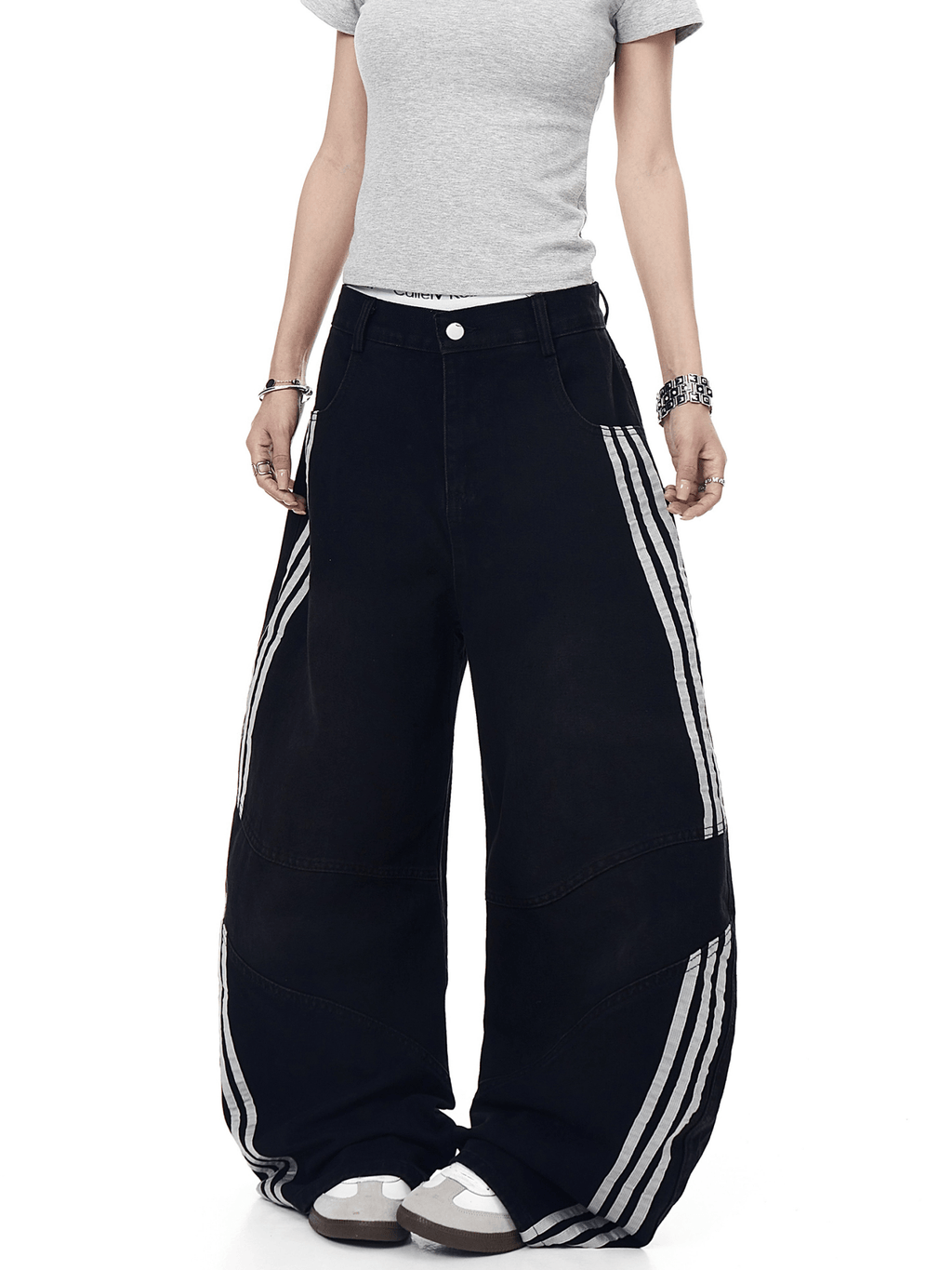 Washed Triple‑Stripe Deconstructed Wide‑Leg Jeans - COPPING THREADS - CT Select