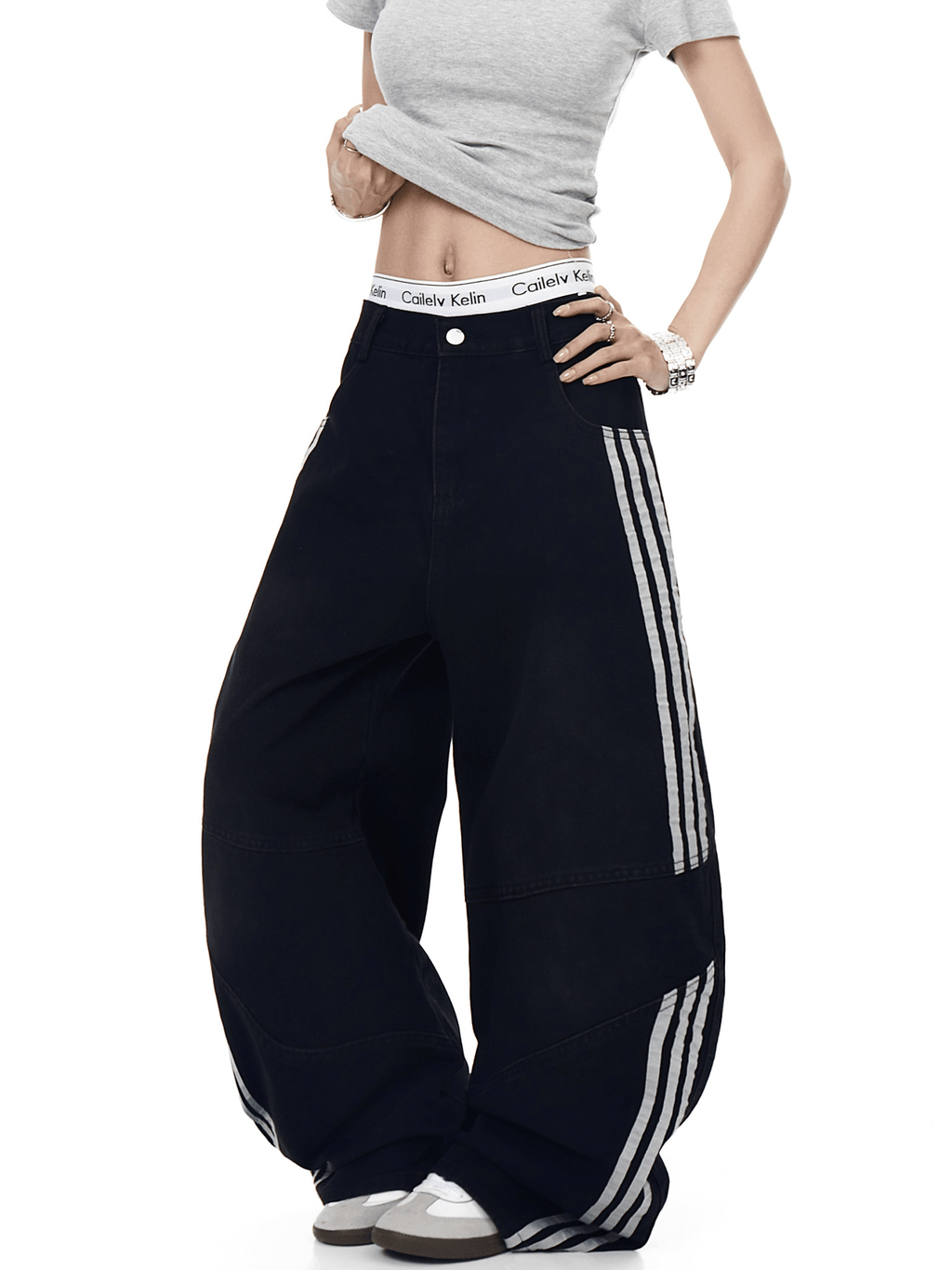 Washed Triple‑Stripe Deconstructed Wide‑Leg Jeans - COPPING THREADS - CT Select