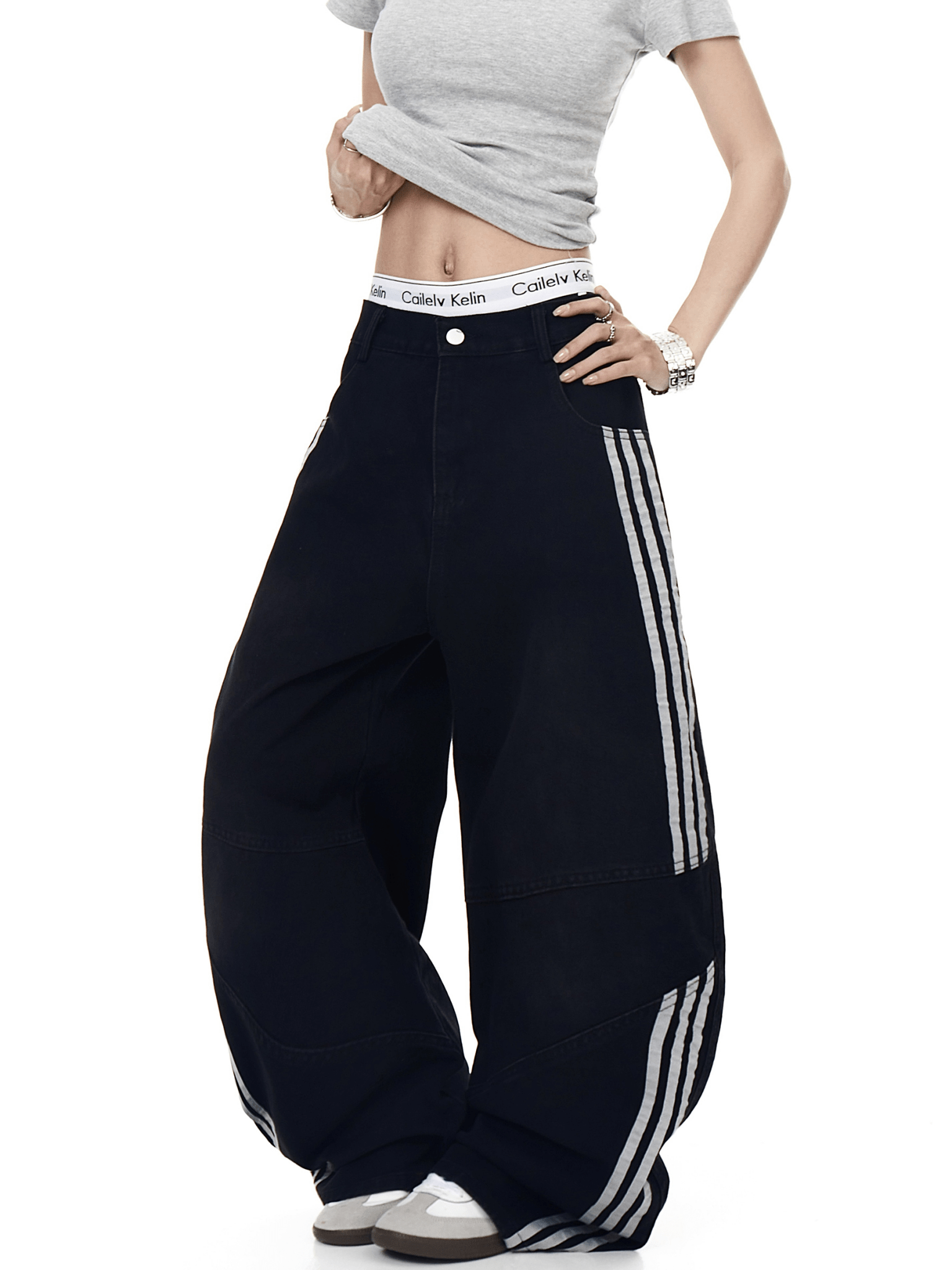 Washed Triple‑Stripe Deconstructed Wide‑Leg Jeans - COPPING THREADS - CT Select