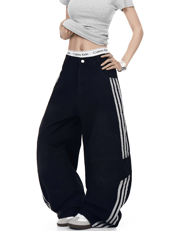Washed Triple‑Stripe Deconstructed Wide‑Leg Jeans - COPPING THREADS - CT Select