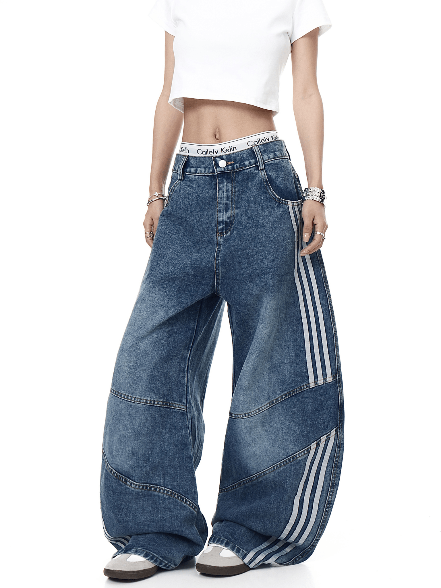 Washed Triple‑Stripe Deconstructed Wide‑Leg Jeans Secondary image