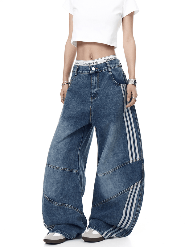 Washed Triple‑Stripe Deconstructed Wide‑Leg Jeans - COPPING THREADS - CT Select