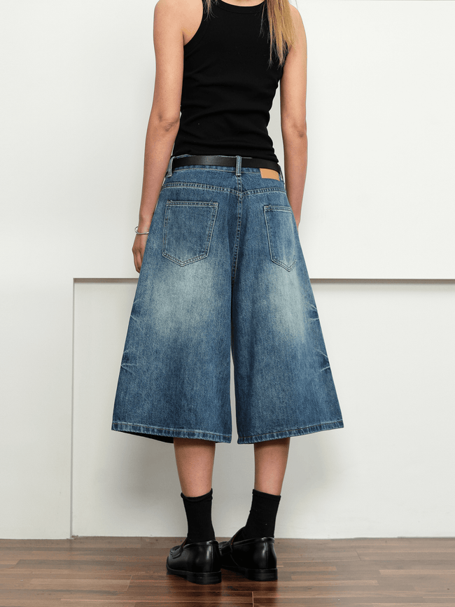 Washed Whisker Denim Wide-Leg Shorts Main Image