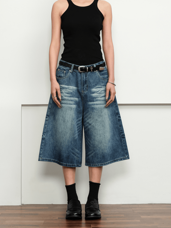 Washed Whisker Denim Wide - Leg Shorts - COPPING THREADS - CT Select Hover Image