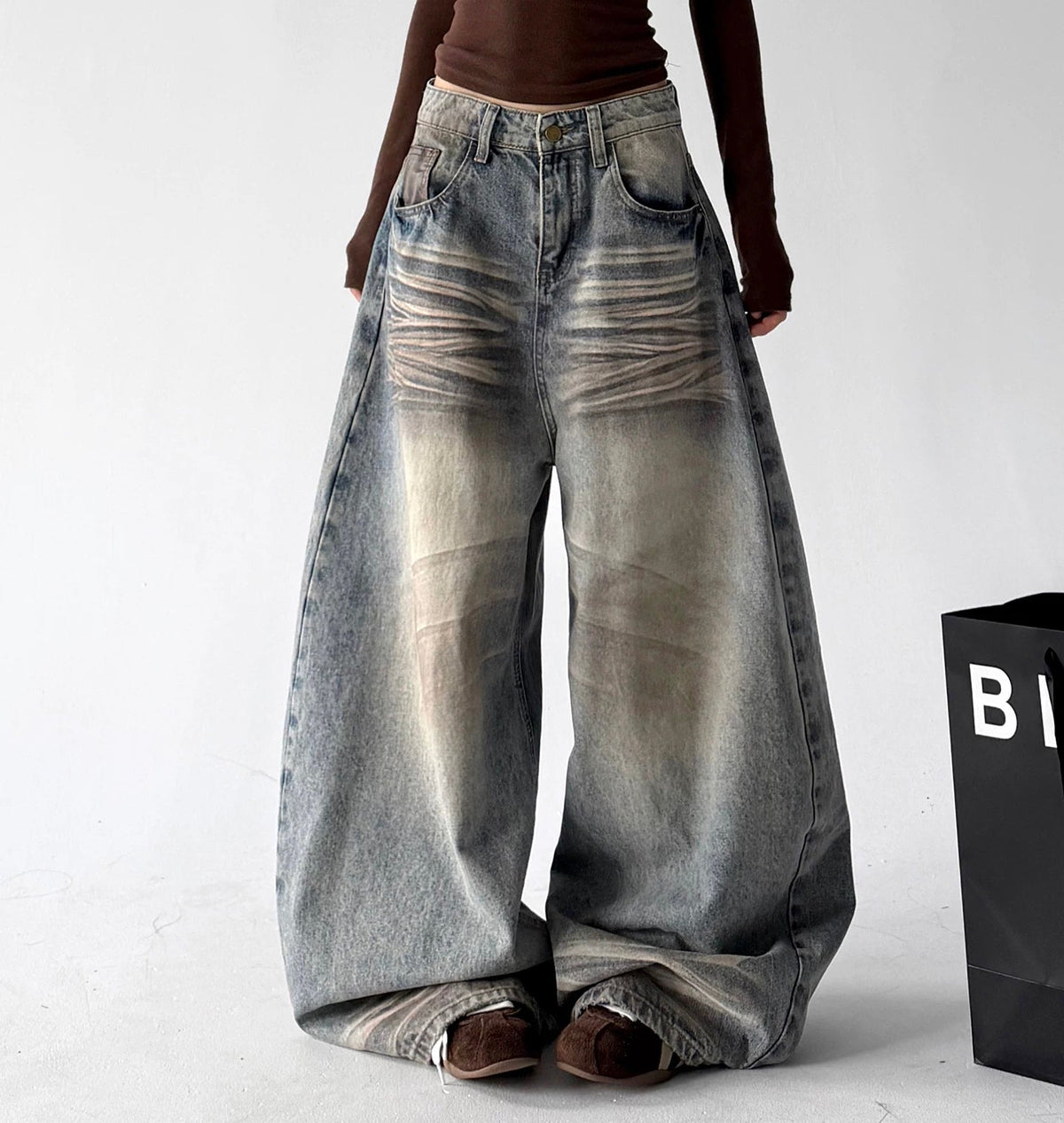 Whiskered Washed Wide-Leg Jeans - COPPING THREADS - CT ORIGINALS