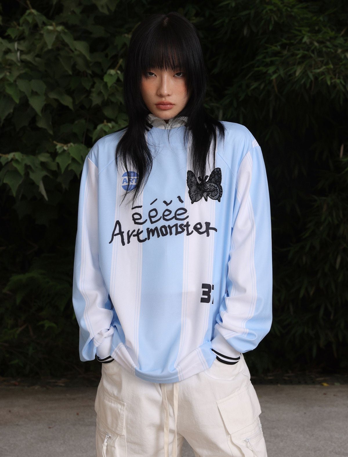 White & Blue Lace Patchwork Sports Jersey Top - COPPING THREADS - ARTMONSTER Main image