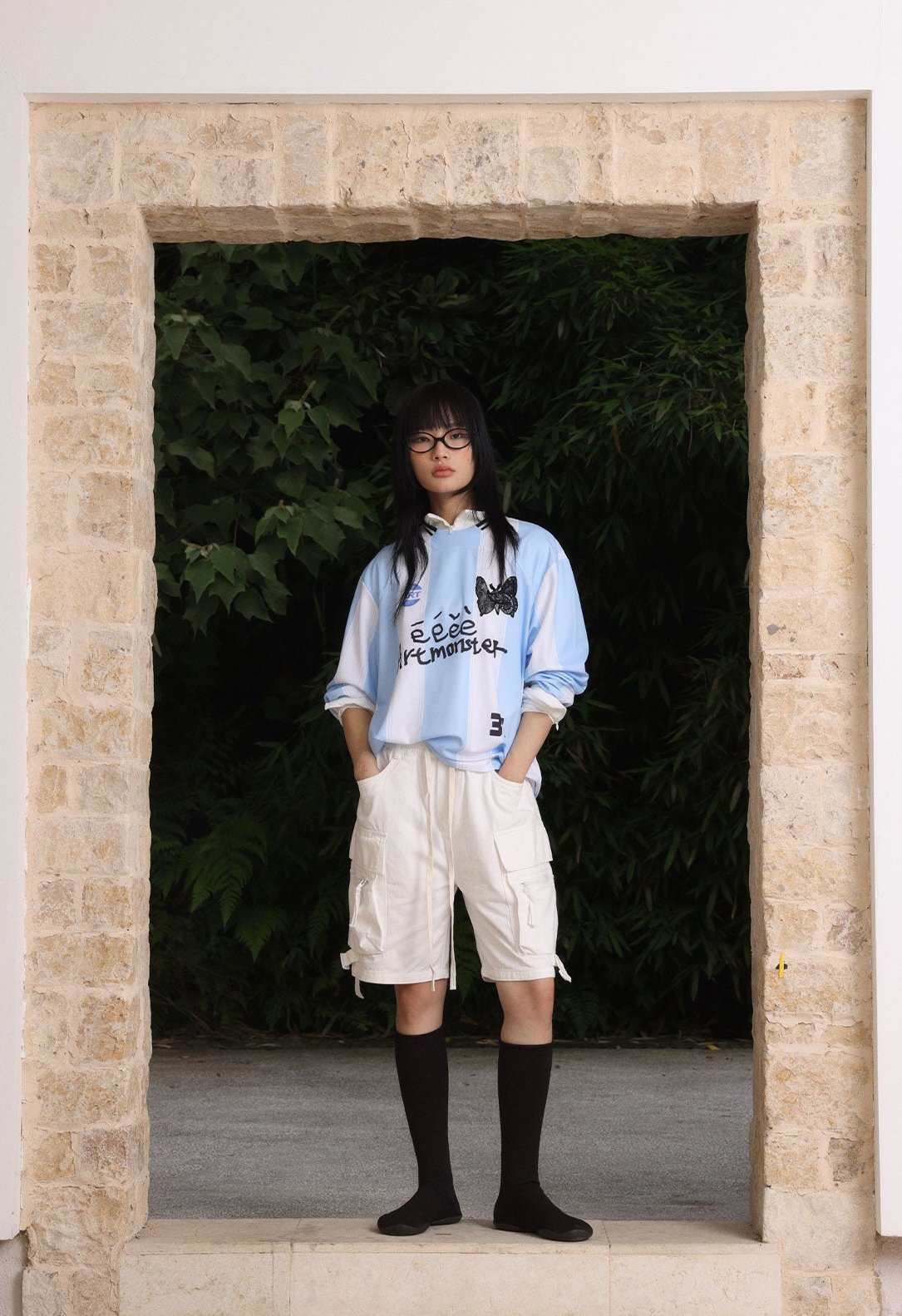 White & Blue Lace Patchwork Sports Jersey Top - COPPING THREADS - ARTMONSTER