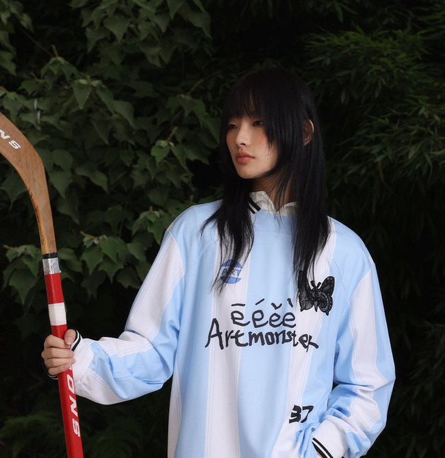 White & Blue Lace Patchwork Sports Jersey Top Main Image