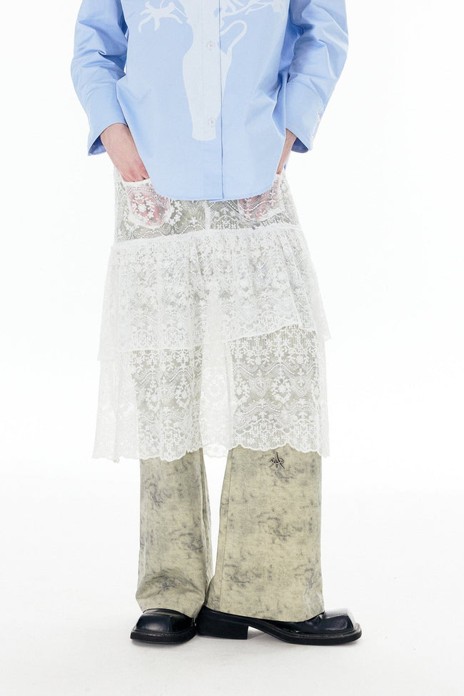 White Lace Overlay Straight-Leg Culottes Main Image