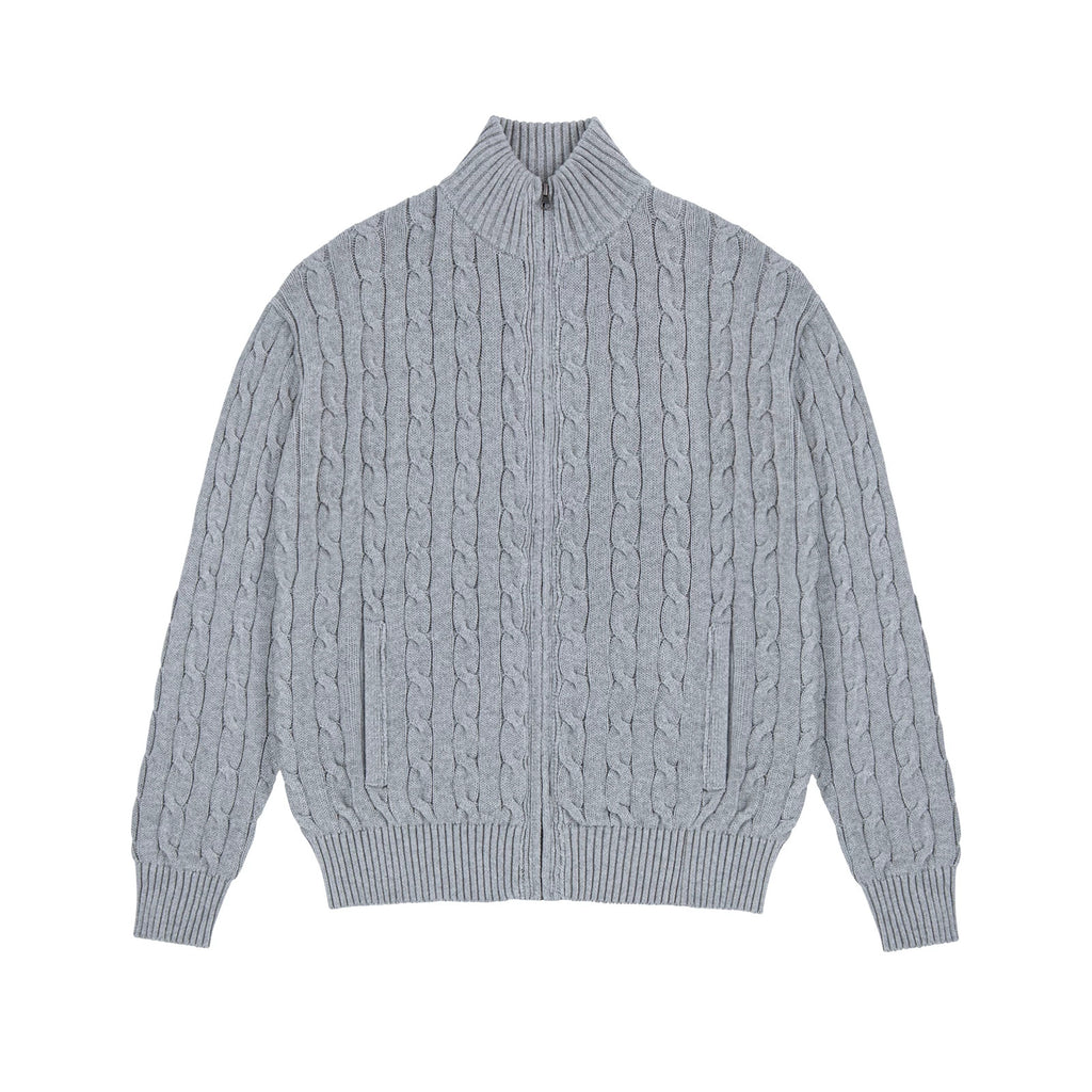 IDLT cable knit zip sweater, gray front.
