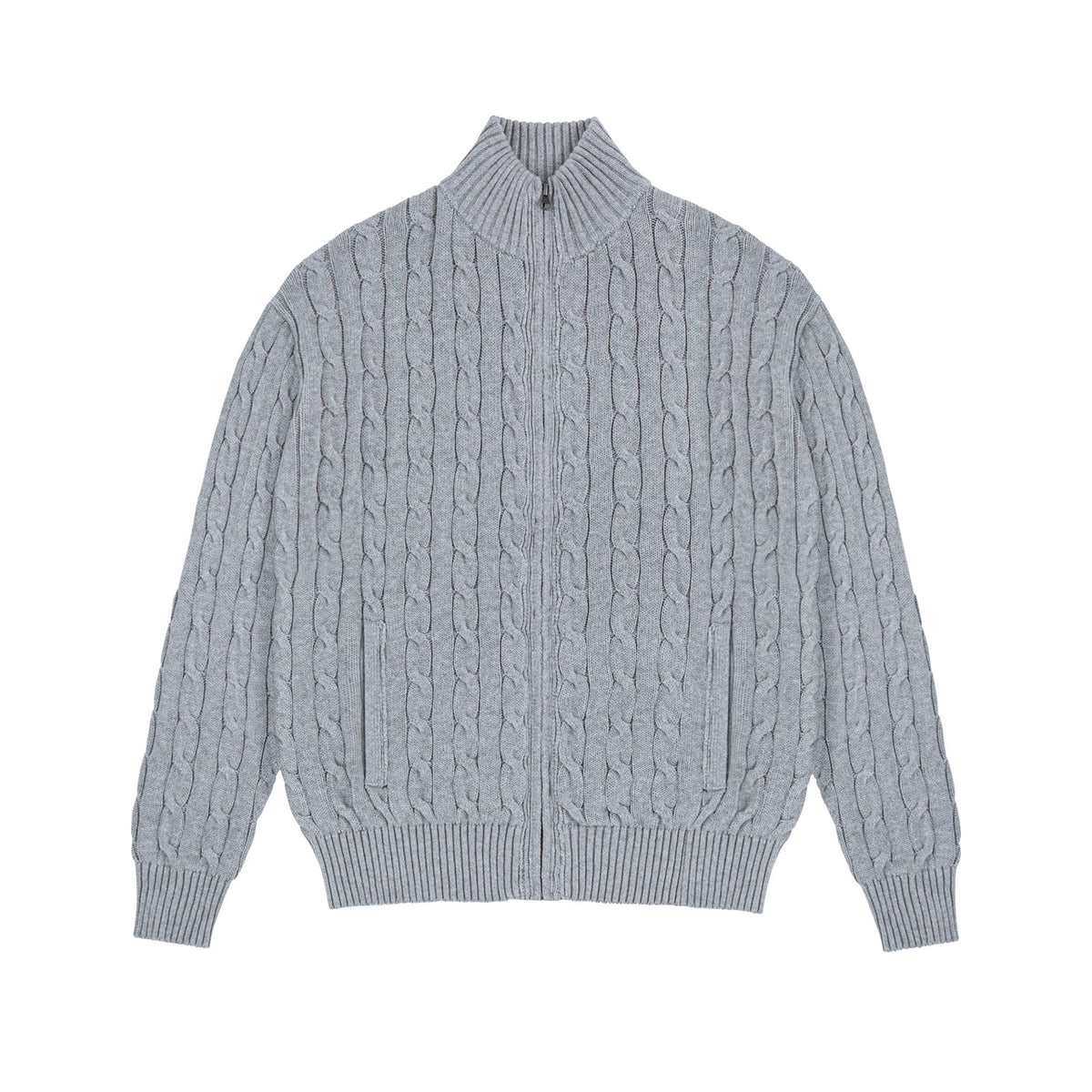 IDLT cable knit zip sweater, gray front.