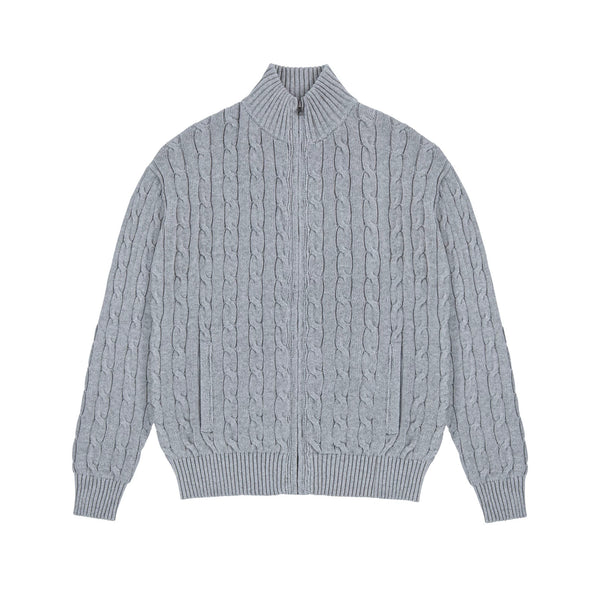 IDLT cable knit zip sweater, gray front.