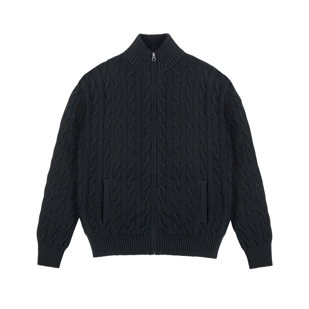 IDLT cable knit zip sweater, black front.