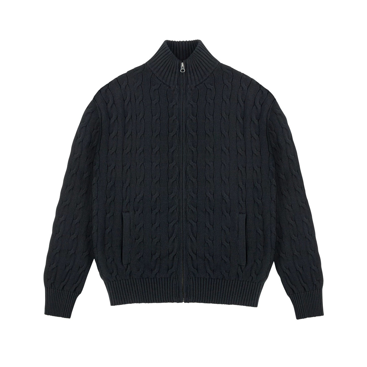 IDLT cable knit zip sweater, black front.