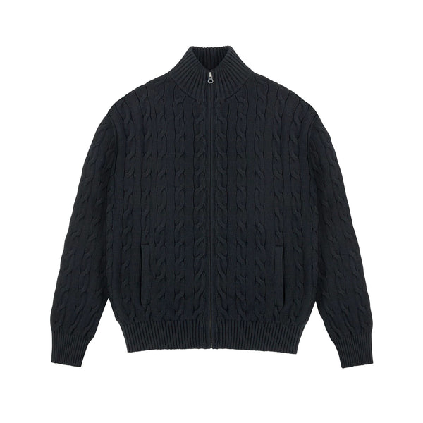 IDLT cable knit zip sweater, black front.