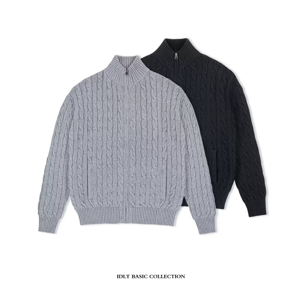 IDLT cable knit zip sweater, black and gray color lineup.