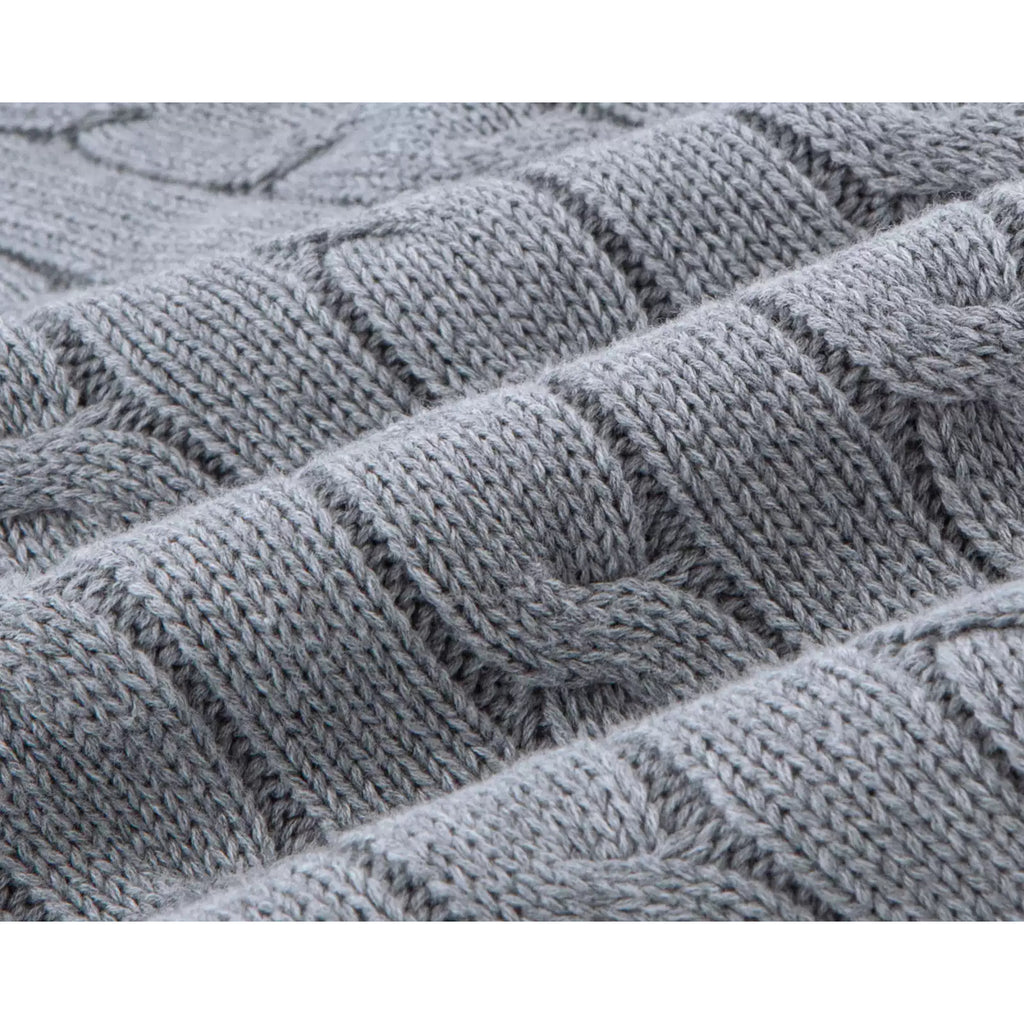 IDLT cable knit zip sweater, gray cable knit texture close-up.