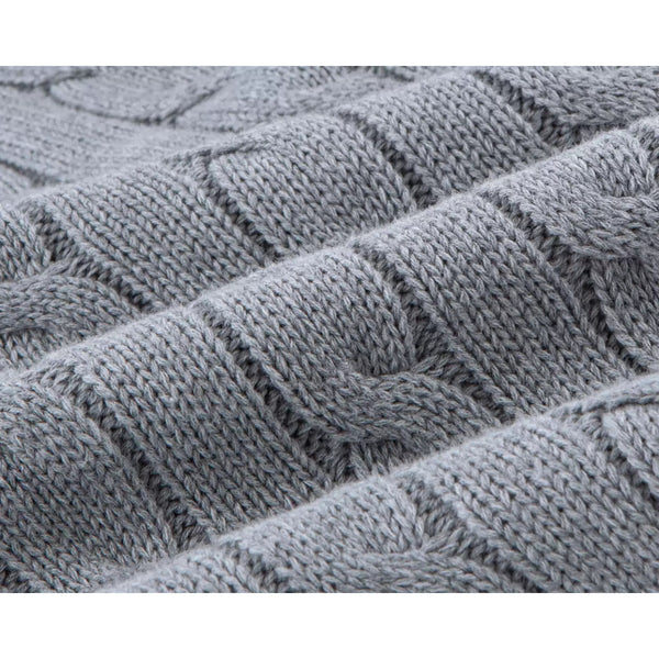 IDLT cable knit zip sweater, gray cable knit texture close-up.