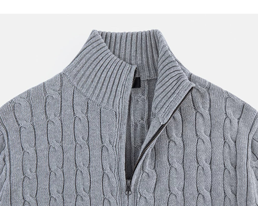 IDLT cable knit zip sweater, gray stand collar.