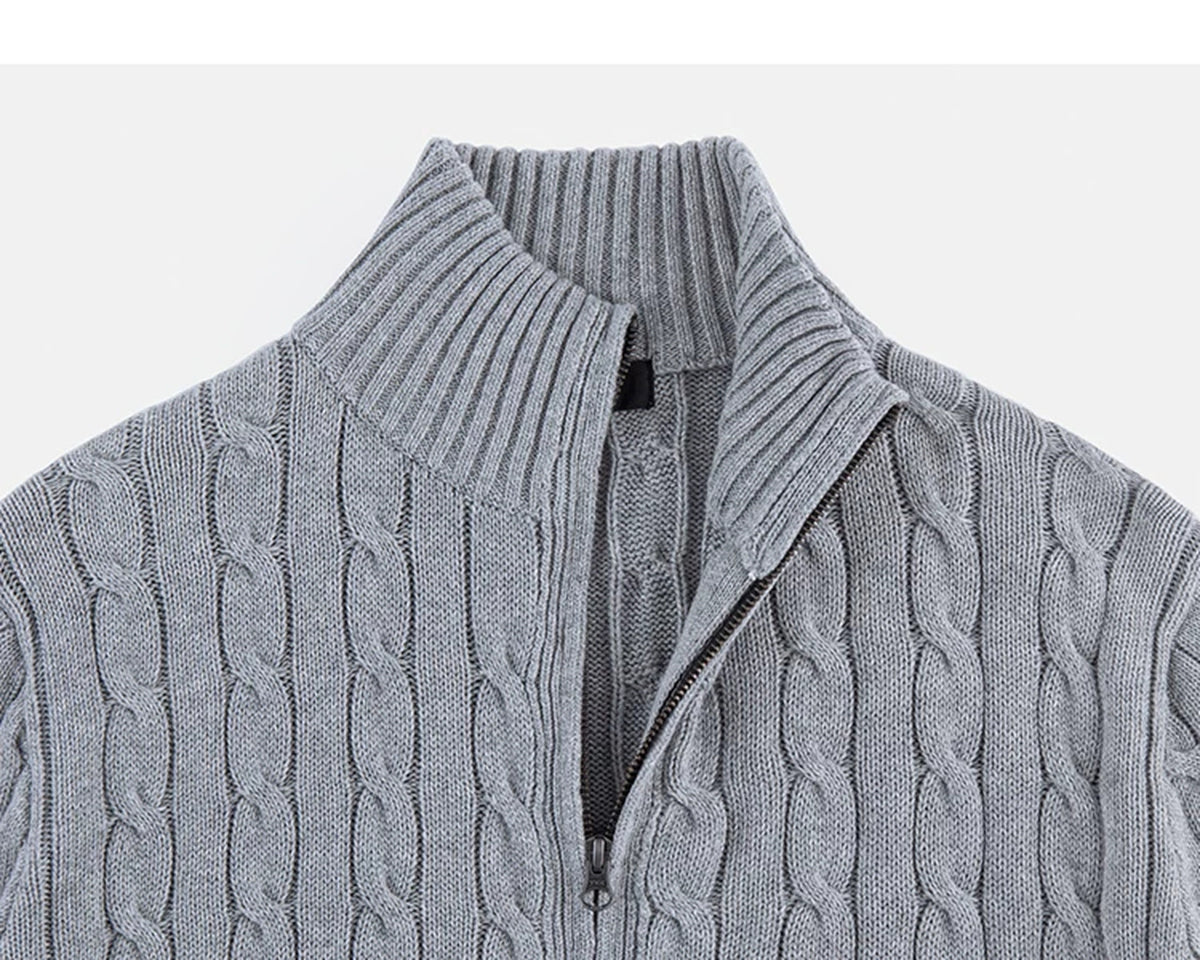 IDLT cable knit zip sweater, gray stand collar.