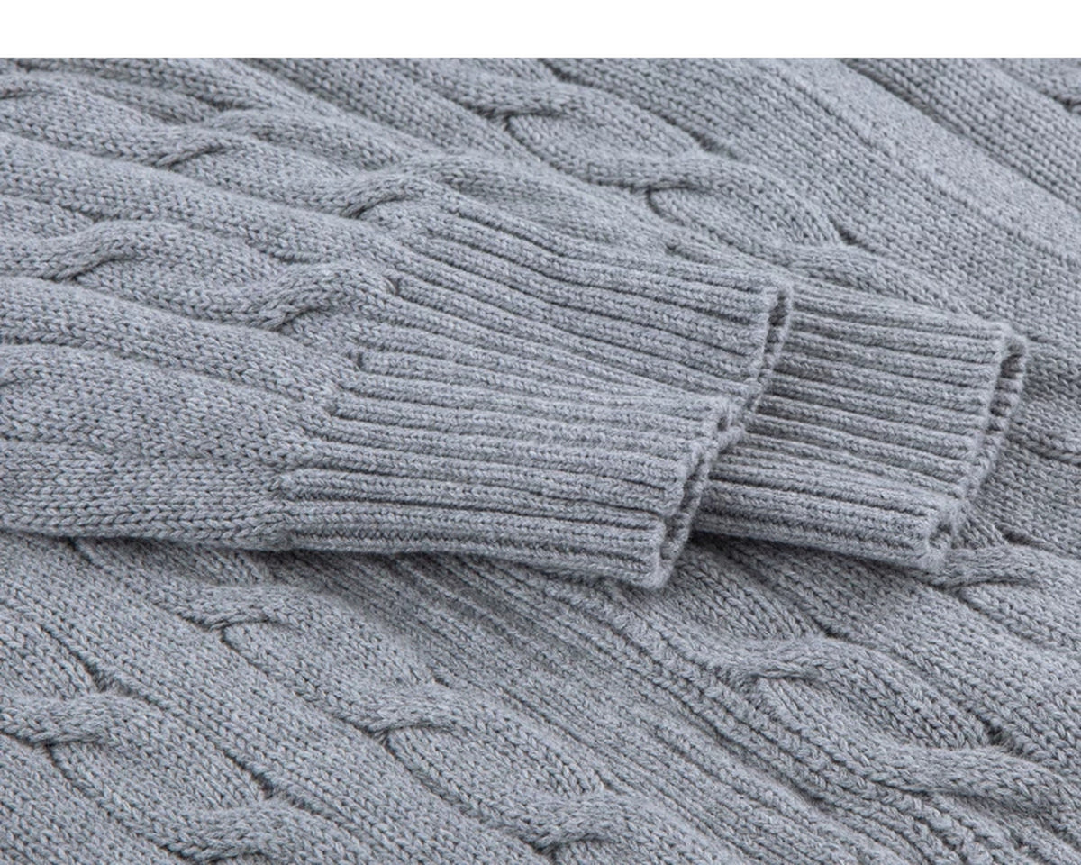 IDLT cable knit zip sweater, gray ribbed cuffs.