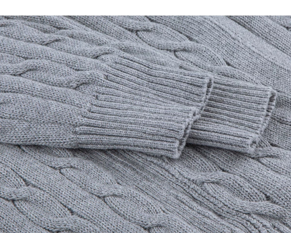 IDLT cable knit zip sweater, gray ribbed cuffs.